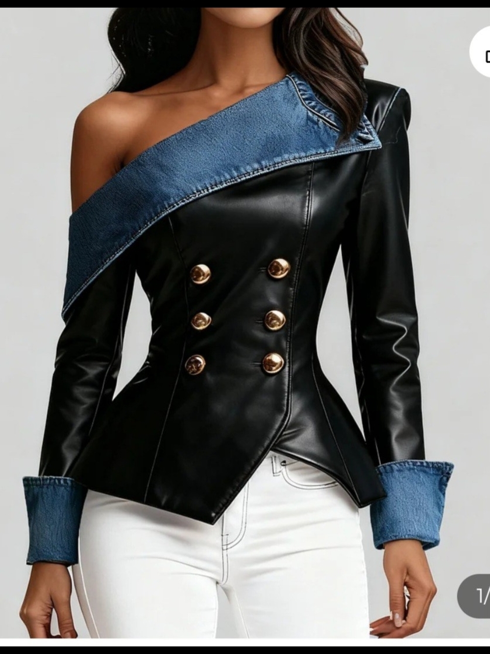 Asymmetric One-Shoulder Black Faux Leather Blazer with Denim Trim